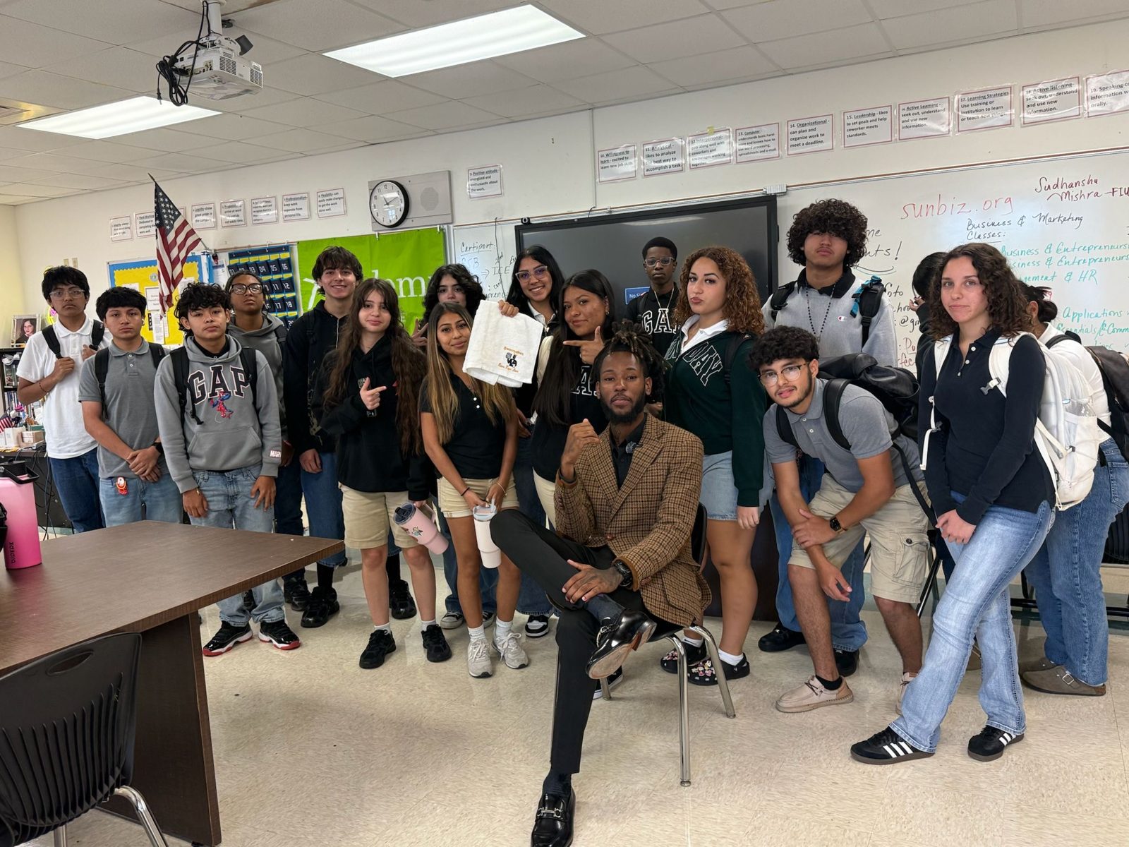 Reese Revere with a high school business and entrepreneurship class in Miami