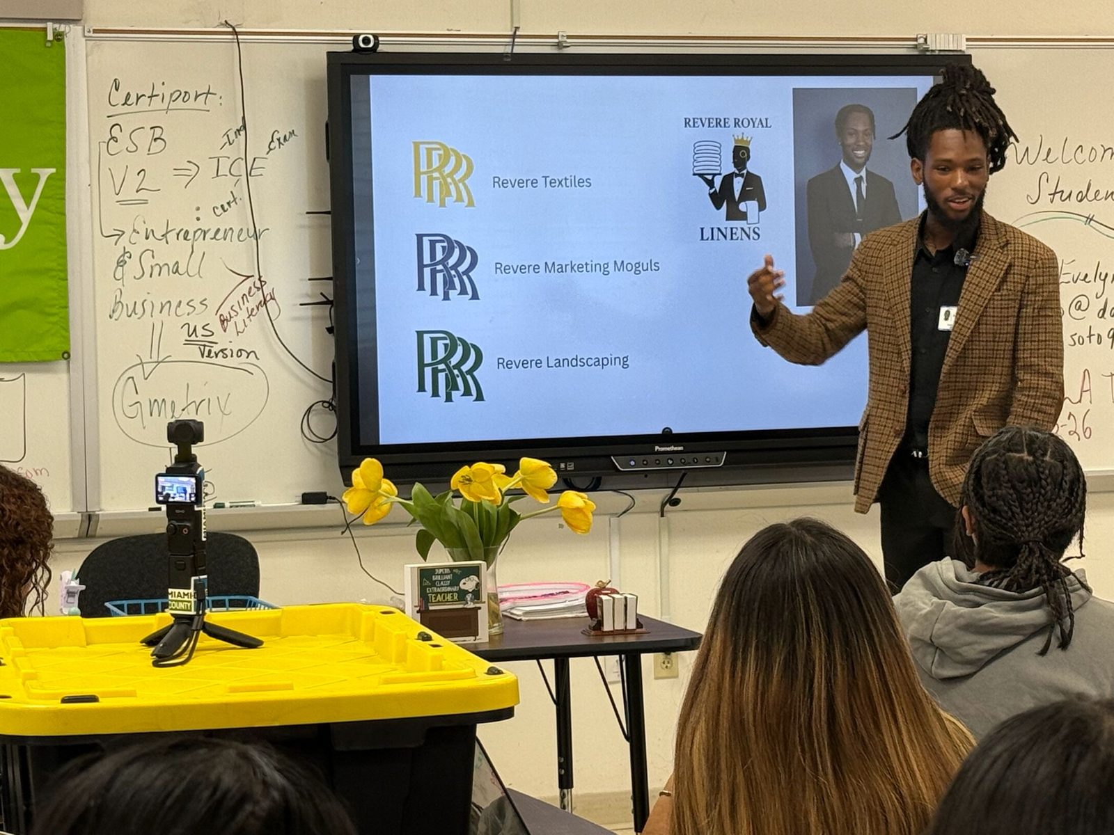 Reese Revere presenting the Revere brand portfolio to a high school entrepreneurship class in Miami