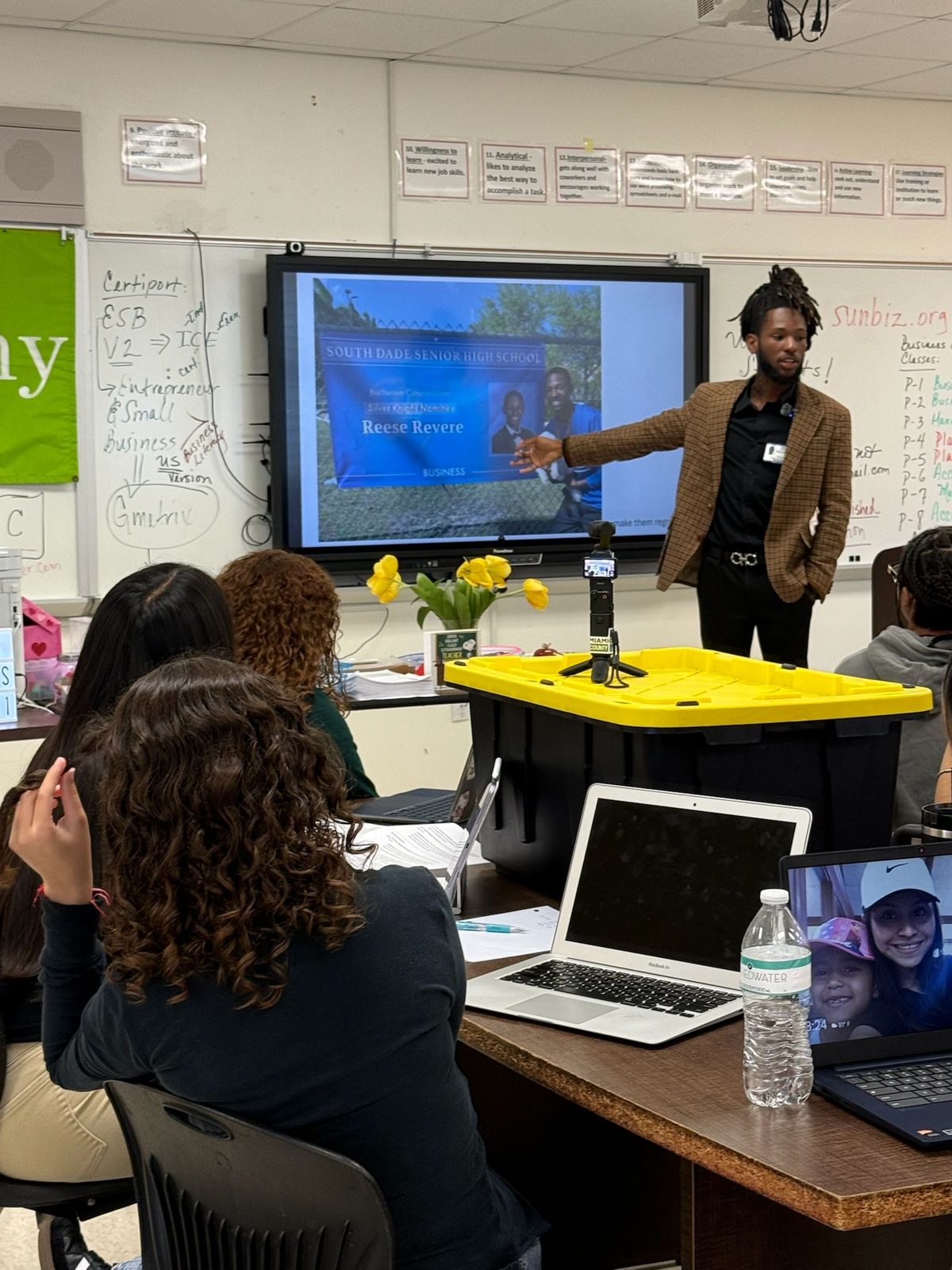 Reese Revere sharing his story with a high school business class